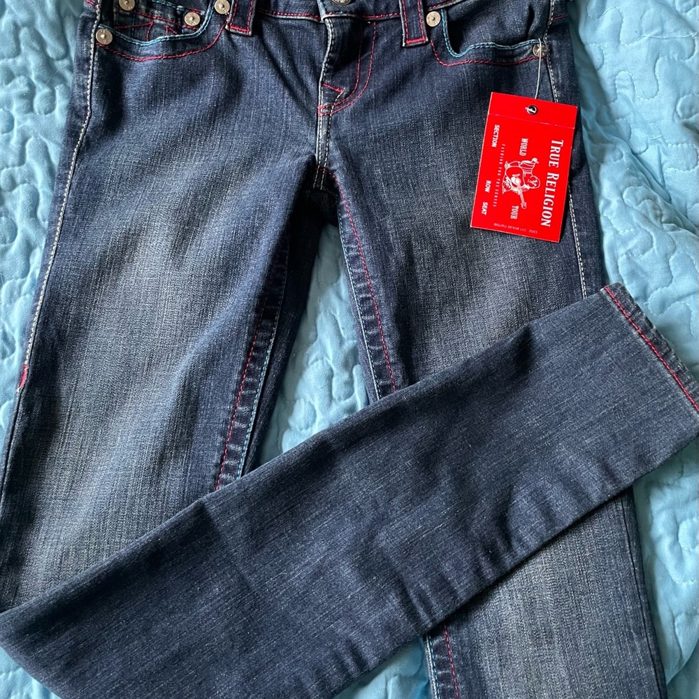 True Religion Blue Skinny Jeans with Contrast Stitching